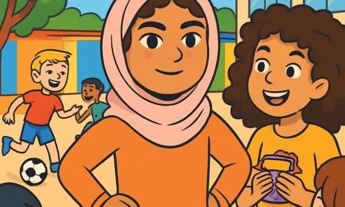 Leïla, une fille de 12 ans aux cheveux bruns et bouclés, portant un foulard pastel, se tient au centre de la cour d'école avec un regard déterminé. À ses côtés, Maïssa, également âgée de 12 ans, l'encourage avec un sourire tout en tenant un goûter coloré. En arrière-plan, Lucas, un garçon de 12 ans aux cheveux blonds, joue au foot avec d'autres enfants. La cour, animée et colorée, est entourée d'arbres verdoyants. Leïla prend la parole pour partager sa culture et ses traditions, captivant l'attention de ses camarades.