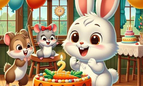Léon le lapin, avec ses grandes oreilles et son pelage blanc, est au centre de l'image, sautillant de joie devant un gâteau en forme de carotte. À sa droite, Clara la souris, avec un nœud rouge, applaudit sur une chaise, tandis qu'à gauche, Tim le petit écureuil tente d'attraper un ballon coloré. Le décor est une maison de campagne avec des murs en bois et des fenêtres aux rideaux colorés, ornée de ballons et de guirlandes festives. La scène illustre la célébration de l'anniversaire de Léon, entouré de rires et de joie.