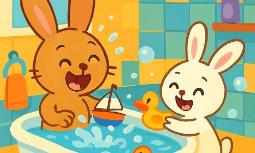 Dans une salle de bain lumineuse, Coco, un grand lapin brun clair, rit en tenant un bateau en plastique, tandis que Lili, sa petite sœur au pelage blanc, lance un canard jaune dans l'eau. La salle de bain est colorée, avec des jouets flottants et des bulles. Ils s'amusent à éclabousser l'eau, créant une ambiance de fête aquatique pleine de rires.