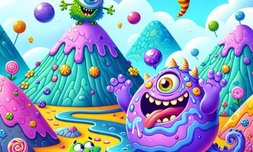 Gronch, un jeune monstre violet vif avec des yeux ronds et une queue serpentiforme, danse maladroitement au sommet de la Montagne Bizarre, affichant une expression joyeuse. À ses côtés, Fulgor, une luciole aux ailes dorées, vole en cercle en riant. Rocco, un petit dragon miniature aux écailles vertes, est assis sur un rocher, riant, tandis que Lili, une grenouille avec un chapeau de chanteuse, est prête à chanter. Le décor coloré comprend des formations rocheuses étranges et des nuages en forme de bonbons. Gronch et ses amis utilisent leurs talents pour faire apparaître des muffins magiques, créant une atmosphère joyeuse et ludique.
