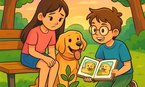 Il y a trois personnages : Jade, une fille de 11 ans avec de longs cheveux bruns, un t-shirt rose et un short en jean, assise sur un banc, pensive ; Lucas, un garçon de 11 ans avec des cheveux châtains en bataille et des lunettes rondes, accroupi à côté d'elle, tenant un album photo de leur chien Max ; et Max, un golden retriever au pelage doré, assis près de Jade. L'histoire se déroule dans un parc verdoyant avec des arbres et des fleurs colorées, sous un coucher de soleil apaisant. Jade et Lucas se remémorent des souvenirs joyeux avec Max, partageant des rires et des larmes, autour d'un arbuste planté en sa mémoire, symbole de leur amour et amitié.