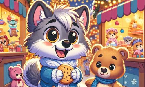 Petit Loup, un jeune loup aux yeux brillants et au pelage doux et gris, est au marché de Noël, émerveillé par les lumières et les jouets colorés. À ses côtés, un ours en peluche marron, souriant et tenant un biscuit, est prêt à partager un moment de joie. Le marché est rempli de stands décorés, de flocons de neige et d'un grand sapin illuminé, créant une ambiance festive. Petit Loup, tout excité, court entre les stands, tandis que l'ours l'invite à goûter un biscuit, entourés de familles joyeuses et de décorations scintillantes.