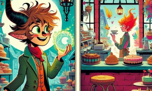 Édouard, un jeune farfadet aux oreilles pointues et aux cheveux ébouriffés, porte une veste en tweed verte et un sourire malicieux. Il se tient au centre d'une scène animée, tenant une boule de cristal scintillante. À sa droite, Mademoiselle Clarisse, barista aux cheveux flamboyants, sourit en tenant une tasse de café fumante, derrière le comptoir du café « Boulanger de la Lune », un lieu chaleureux avec des pâtisseries. Édouard découvre que la boule de cristal brille d'une lumière mystérieuse et qu'il doit protéger sa ville magique de Nimbreville.