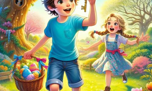 Un garçon de 12 ans nommé Jules se tient au centre de l'image, avec des cheveux châtains en bataille et des yeux curieux. Il porte un t-shirt bleu vif et un short en jean, tenant un panier décoré de rubans colorés, affichant une expression d'excitation en découvrant une clé dorée dans l'herbe. À ses côtés, sa sœur Lili, 8 ans, avec des cheveux blonds tressés et une robe à fleurs, saute de joie, les bras levés, admirant Jules. Le décor est un jardin printanier luxuriant, rempli de fleurs colorées et d'un vieux chêne, avec la lumière du soleil créant des ombres sur le sol. Ils sont en pleine chasse aux œufs de Pâques, Jules tenant la clé dorée, explorant le jardin à la recherche d'indices mystérieux, entourés d'œufs en chocolat cachés.
