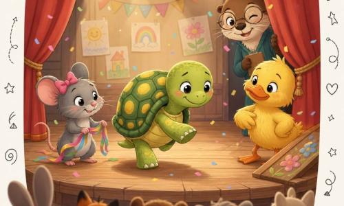 Milo, tortue à la carapace verte tachetée de jaune, avance lentement avec un sourire timide; Nola, petite souris grise au nœud rose, à gauche tient un ruban; Pipo, canard jaune au plumage ébouriffé, à droite avec une rampe fleurie; Madame Loutre, institutrice au pelage brun et lunettes rondes, en arrière-plan sourit et fait un clin d'œil; petite estrade en bois dans une salle d'école chaleureuse éclairée par des projecteurs doux, rideaux rouges et dessins d'enfants, public flou d'animaux; Milo fait une pause au milieu de la danse pendant que ses amis s'écartent, lumière chaude sur leurs visages et confettis en papier tombant.