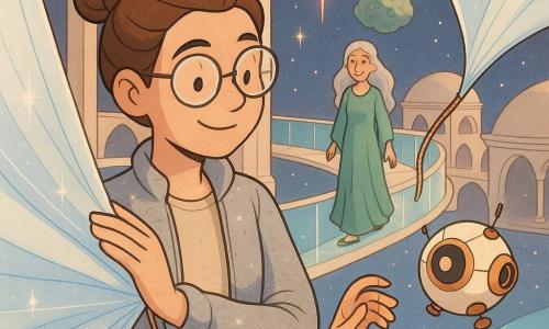 Amaya, archéologue spatiale aux cheveux bruns en chignon et lunettes rondes translucides, sourit sereine en ajustant une grande voile photonique blanche aux reflets bleu pâle tandis que sa veste argentée couverte de poussière d'étoiles flotte; derrière elle, la responsable du cloître, cheveux argentés et robe verte, se tient sur une passerelle lumineuse en souriant; un petit drone crème aux accents cuivre clignote près de sa main. Le décor est un cloître stellaire extérieur avec passerelles translucides, dômes mats, un astéroïde verdoyant et sculptures de lumière roses et dorées; la voile se gonfle, ses fils brillent comme des cordes et des étoiles scintillent. Style graphique: traits doux, couleurs pastel lumineuses, textures légèrement stylisées, expressions chaleureuses et lisibles.