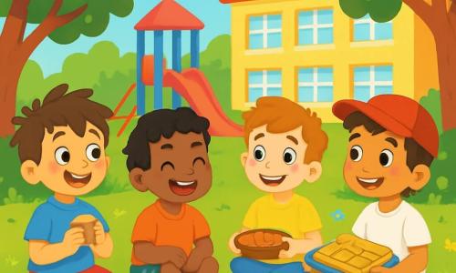 Cinq enfants sont présents : Jules, un garçon de 6 ans avec des cheveux bruns en bataille, un t-shirt bleu et un short rouge, sourit en tenant une madeleine ; Maxime, également 6 ans, avec des cheveux blonds et des lunettes rondes, porte un t-shirt vert et un pantalon beige, regardant Saïd avec admiration ; Théo, 6 ans, a des cheveux noirs et une peau mate, vêtu d’un t-shirt orange et de shorts à rayures, rit en écoutant Saïd ; Lucas, 6 ans, avec des cheveux châtains et des taches de rousseur, porte un t-shirt jaune et un jean, tenant un plat de biscuits au chocolat ; Saïd, 6 ans, avec des cheveux bruns et une peau olive, porte une casquette rouge et un t-shirt blanc, souriant en montrant un plat de baklava. Ils sont dans la cour de récréation, assis en cercle sur l'herbe, partageant des collations et riant ensemble, tandis que Saïd explique sa recette de pâtisseries, créant une atmosphère joyeuse et amicale.