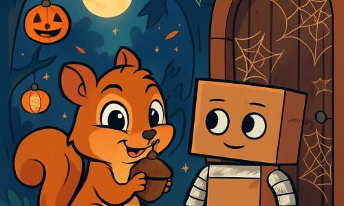Un petit écureuil nommé Gustave, aux yeux pétillants et à la fourrure brune, se tient au centre de l'image, souriant malicieusement tout en chuchotant à un gland qu'il tient. À côté de lui, un robot en carton nommé Pixel-Box, avec des yeux dessinés et des boîtes en papier aluminium, le regarde avec admiration et curiosité. Le décor, la Forêt des Toiles d’Araignée, est illuminé par des lanternes en forme de citrouilles et des toiles d’araignée scintillent sous la lune, créant une ambiance festive et mystérieuse. Ils se préparent à franchir une vieille porte en bois ornée de toiles d'araignée, qui les invite à entrer dans un monde magique pour Halloween.