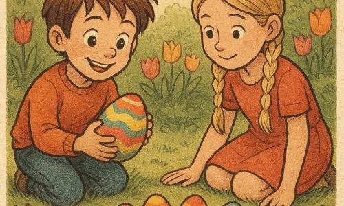 Léo, un garçon de 6 ans avec des cheveux bruns ébouriffés et des yeux pétillants, est accroupi dans un jardin fleuri, tenant une coquille d'œuf peinte de couleurs vives. Il sourit avec émerveillement. Sa sœur Clara, 9 ans, avec des tresses blondes, se tient à ses côtés, observant les coquilles d'œufs colorées sur l'herbe. Le jardin, rempli de tulipes multicolores et de buissons verdoyants, est baigné par la douce lumière du matin. Léo et Clara posent délicatement les coquilles d'œufs peintes sur le sol, créant un chemin magique pour le lapin de Pâques.