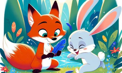 Félix, un renard rusé au pelage orange vif et à la queue touffue, observe avec curiosité une plume bleue brillante qu'il tient dans sa patte. À ses côtés, Léo, un petit lapin blanc aux grandes oreilles, montre de l'excitation en sautillant sur ses pattes arrière. La scène se déroule près d'une mare scintillante, entourée de fleurs colorées et de grands arbres, où le soleil crée des ombres dansantes. Félix et Léo enquêtent en examinant des plumes éparpillées, cherchant des indices sur l'origine de la plume bleue.
