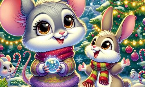 Marnie, une petite souris grise au pelage doux et aux grands yeux pétillants, se tient devant un sapin de Noël décoré de guirlandes et de baies rouges. Elle sourit en tenant une boule de cristal dans ses pattes. À côté, Pippin, un petit lapin brun clair aux grandes oreilles, saute de joie, portant une écharpe colorée. Le décor est une clairière enchantée avec des flocons de neige tombant doucement et des arbres couverts de sucre d'orge, créant une ambiance festive. Marnie et Pippin célèbrent la magie de Noël avec leurs amis animaux, prêts pour la parade de Noël.
