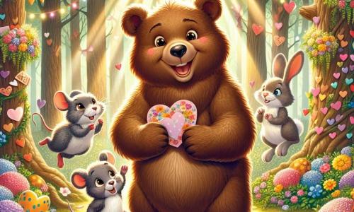Un ours nommé Oscar, avec un pelage brun et des yeux pétillants, se tient dans une forêt enchantée, entouré de fleurs colorées et de cœurs en papier. Il sourit en tenant une carte d'invitation en forme de cœur. À sa droite, une petite souris nommée Margot, avec un pelage gris, saute de joie en tenant un plateau de biscuits en forme de cœur. À gauche, un lapin nommé Hugo, avec un pelage blanc, peint des œufs de Pâques. La scène se déroule dans une clairière lumineuse, où Oscar, Margot et Hugo célèbrent la Saint-Valentin, échangeant friandises et rires dans une atmosphère joyeuse et chaleureuse.