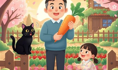 Hiroshi, homme d’environ 40 ans au visage doux et cheveux noirs grisonnants, tient fièrement une grosse carotte orange au centre d’un petit jardin soigné ; à sa gauche, Kuro le bakeneko noir aux yeux jaunes, perché sur un muret en bois, ronronne, et à sa droite une fillette de 7 ans en couettes et robe fleurie s’accroupit, émerveillée en recevant la carotte ; le jardin présente rangées de légumes, tomates rouges et radis roses, bordé de cerisiers en fleurs et d’une maison en bois couverte de lianes, baigné d’un doux coucher de soleil doré aux ombres longues ; composition chaleureuse, couleurs vives, formes arrondies, ambiance de partage et de simplicité.