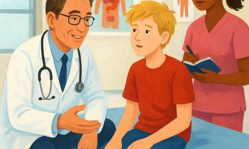 Le docteur Martin, un homme d'une quarantaine d'années avec des cheveux bruns grisonnants et des lunettes, sourit de manière rassurante. Il est accroupi près d'Enzo, un garçon de 12 ans aux cheveux blonds en bataille, assis sur un brancard. Lila, une jeune femme de 25 ans avec une queue de cheval, observe avec un carnet à la main, debout à côté du docteur. La scène se déroule dans une salle d'examen d'hôpital lumineuse, aux murs blancs et affiches colorées. Le sol est carrelé, et une grande fenêtre laisse entrer la lumière. Le docteur explique calmement à Enzo l'importance de bien s'hydrater, tandis que Lila prend des notes, créant une atmosphère d'apprentissage bienveillante.