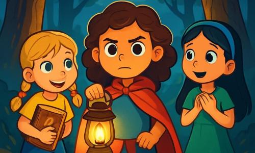 Il y a trois personnages : Lila, une fille de 9 ans avec des cheveux bouclés et bruns, portant une cape rouge vif et brandissant une lanterne ; Zoé, une fille de 8 ans avec des tresses blondes et un t-shirt jaune, tenant un vieux livre de contes ; et Maëlys, une fille de 9 ans avec de longs cheveux noirs, habillée d’une robe verte, regardant émerveillée les arbres. L'histoire se déroule dans une forêt mystérieuse avec de grands arbres sous un ciel étoilé, où la lune brille et une brume légère flotte. Les trois amies se tiennent à la croisée de trois sentiers, prêtes à affronter le grand méchant loup, leurs visages reflétant détermination et excitation.