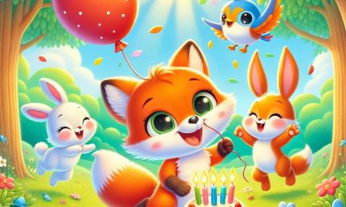 Petit Renard, un renard orange aux yeux pétillants, saute de bonheur en tenant un gâteau d'anniversaire décoré de bougies. À sa droite, Lapin, un petit lapin blanc avec des grandes oreilles, sourit en tenant un ballon rouge. À sa gauche, Oiseau, un oiseau bleu vif, chante joyeusement sur une branche. La scène se déroule dans une clairière ensoleillée, entourée d'arbres verts et de fleurs colorées, avec une ambiance festive. Petit Renard célèbre son anniversaire entouré de ses amis, tous joyeux et prêts à déguster le gâteau.