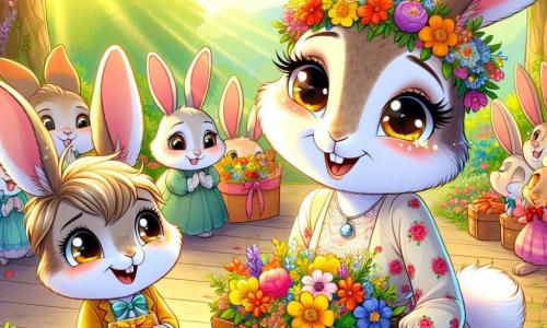Pimpin, un jeune lapin aux grandes oreilles tachetées de blanc et de brun, se tient debout avec un grand sourire, tenant une boîte en bois ornée de fleurs colorées. Ses yeux pétillent d'excitation alors qu'il regarde sa maman, Madame Longueoreille, une lapine douce à genoux, émue par le cadeau. Elle porte une jolie robe en fleurs et ses oreilles tombent sur ses épaules. La scène se déroule dans un jardin de Lapinville, rempli de fleurs éclatantes et de rayons de soleil, où des lapins de toutes tailles se rassemblent, applaudissant et souriant. Pimpin offre avec fierté une boîte remplie de lettres d'amour et d'un médaillon en argent à sa maman, symbolisant leur amour éternel lors de la fête des mères.