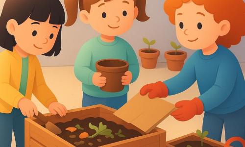 Trois filles de 6 ans travaillent près d’un bac à compost en bois dans une cour d’école claire et minérale : Lila, châtain clair en deux couettes, pull vert clair, tient un petit seau marron à droite du groupe et sourit en regardant le compost ; Inès, cheveux noirs au carré, veste jaune, tient une petite pelle en bois à gauche de Lila et observe la terre ; Jade, cheveux roux frisottés, sweat bleu et gants de jardinage rouges, attrape doucement un carton devant les autres. Elles déposent des cartons et des épluchures de légumes dans le bac ; la scène se déroule en fin d’après‑midi, avec une lumière douce, des couleurs chaudes et une atmosphère concentrée, joyeuse et d’entraide, entourée de pots en terre cuite, bacs de fleurs et un arrosoir rouge.