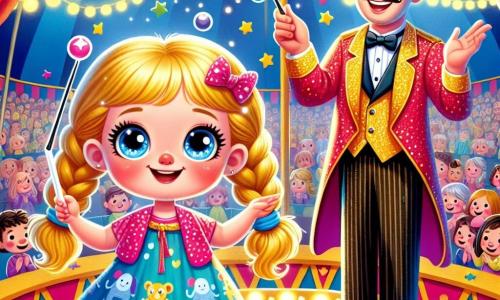 Une petite fille de 6 ans, avec des tresses dorées et une robe à motifs d'éléphants bleus, sourit joyeusement en tenant une baguette magique en plastique. Elle est entourée de confettis dorés, tandis qu'un jongleur de 30 ans, en veste rouge et chapeau haut-de-forme, lance des quilles avec un grand sourire. En arrière-plan, le chapiteau du cirque est décoré de couleurs vives et de lumières scintillantes, avec des spectateurs applaudissant. La scène illustre la magie d'un numéro de cirque, créant une ambiance festive.
