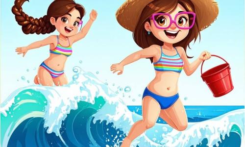 Quatre enfants s'amusent sur une plage ensoleillée : Mia, 8 ans, avec des cheveux bruns et des lunettes roses, porte une tenue de baignade à rayures et tient un seau rouge. Zoé, 7 ans, avec des cheveux blonds en tresses et un chapeau de paille, porte une tenue bleue et saute dans les vagues. Léa, 8 ans, avec des cheveux châtains et des taches de rousseur, porte une tenue à fleurs et construit un château de sable. Emma, 6 ans, avec des cheveux bouclés et un bandeau rose, porte une tenue violette et éclabousse l'eau en riant. La plage a du sable doré et des vagues turquoise, et l'atmosphère est joyeuse, pleine de vie et d'esprit estival.