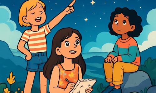 Il y a 3 personnages : Lila, une fille de 12 ans aux longs cheveux bruns, portant une robe légère et tenant un carnet de croquis, observe la nature. Zoé, également âgée de 12 ans, a des cheveux courts et blonds, elle est en t-shirt rayé et short en denim, les bras croisés avec un sourire espiègle. Maya, avec des cheveux bouclés et noirs, porte un pull coloré et un pantalon confortable, assise sur une pierre, regardant les autres avec curiosité. L'action se déroule au sommet de la Montagne des Étoiles, sous un ciel nocturne étoilé, entouré de nuages doux et de vallées verdoyantes. Les trois amies, émerveillées, profitent de la beauté du ciel. Lila dessine, Zoé pointe une étoile filante, et Maya écoute les murmures des étoiles, cherchant des réponses.