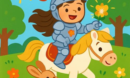 Lila, une jeune chevaleresse, est fièrement montée sur son cheval blanc, Plume. Elle porte une armure brillante avec des motifs floraux et affiche un sourire déterminé tout en tenant une fleur magique. À ses côtés, un petit lapin aux grandes oreilles, heureux d'avoir été sauvé, regarde la fleur avec curiosité. La scène se déroule dans une prairie verdoyante, illuminée par le soleil, entourée d'arbres majestueux. Lila, ayant cueilli la fleur magique, se prépare à retourner au château, le cœur rempli de fierté et d'aventure.