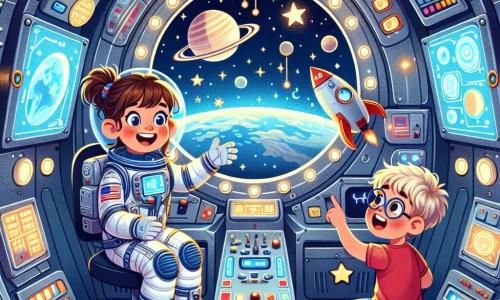 Lila, une jeune astronaute aux cheveux bruns en queue de cheval, porte une combinaison spatiale blanche et bleue et sourit d'excitation en flottant dans un vaisseau spatial. Elle montre à Timmy, un petit garçon d'environ 8 ans avec des cheveux blonds en bataille et des lunettes rondes, comment utiliser un tableau de contrôle. Timmy, vêtu d'un t-shirt rouge et d'un short bleu, est assis à côté d'elle, tenant un petit modèle de fusée. L'intérieur du vaisseau est rempli de lumières clignotantes et d'écrans montrant des images de planètes et d'étoiles, tandis que des hublots offrent une vue sur l'espace. Lila explique le fonctionnement des commandes, et Timmy, fasciné, pose des questions et pointe les images des planètes.