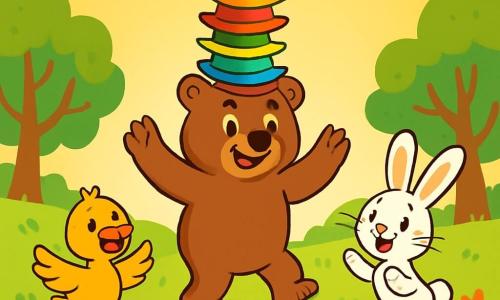 Nino l’ours, un grand ours brun aux yeux pétillants et au sourire joyeux, se tient au centre de la scène, les pattes levées en équilibre sur un pont en bois qui tremble sous ses pas. Il porte une tour de dix chapeaux colorés qui vacillent au-dessus de sa tête. À sa droite, Lili la lapine, avec ses grandes oreilles blanches, saute d'excitation, prête à applaudir Nino. À sa gauche, Coco le canard, avec son plumage jaune vif, bat des ailes avec enthousiasme, prêt à chanter pour encourager son ami. Le décor est une clairière verdoyante, baignée de lumière dorée, avec des fleurs colorées et des arbres majestueux en arrière-plan. Nino, concentré, tente de traverser le pont en équilibre sur sa tour de chapeaux, tout en chantant doucement. La scène est pleine de mouvement et de joie, capturant l'esprit du défi impossible et l'amitié qui unit ces personnages.
