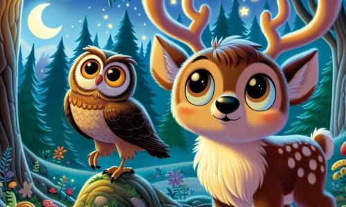 Un renne nommé Renaud, avec des bois brillants et doux, regarde le ciel avec curiosité et inquiétude. À ses côtés, Fernand le hibou, perché sur une branche, observe Renaud avec un sourire malicieux. La scène se déroule dans une clairière enchantée de la forêt de Frolicville, entourée d'arbres majestueux et de fleurs colorées, sous la douce lumière de la lune. Renaud et Fernand enquêtent sur la disparition de plusieurs étoiles, dans une ambiance magique et mystérieuse.