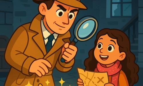 Un détective, Arthur, âgé d'environ 30 ans, se tient au centre de l'image, portant un trench-coat beige et un chapeau, avec une loupe dans sa main droite. À ses côtés, Léa, une fille de 10 ans aux cheveux longs et bouclés, admire Arthur tout en tenant une carte mystérieuse. Le décor est un vieux manoir abandonné avec des murs en pierre grise et des meubles poussiéreux. Une lumière tamisée filtre à travers une fenêtre brisée, créant une ambiance intrigante. Arthur et Léa découvrent un trésor caché dans une pièce sombre, avec des bijoux étincelants éparpillés autour d'eux.