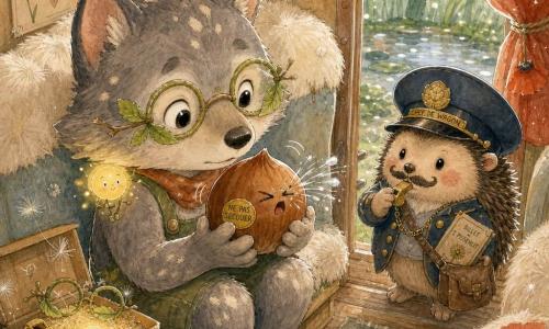 Petit loup anthropomorphe nommé Loupiot, au pelage gris tacheté de crème, expression sereine et curieuse, assis dans un minuscule wagon tenant une noisette magique ronde avec autocollant doré «NE PAS SECOUER» qui éternue et vibre, portant des lunettes en feuilles et une petite boule lumineuse sautillante sur l'épaule; un hérisson conducteur petit et sérieux, casquette trop grande et moustache crayonnée, se tient dans l'allée en soufflant dans un sifflet et regardant bienveillant vers Loupiot; une boîte à surprises espiègle, couvercle ouvert sur la banquette rembourrée de plumes de pissenlit, contient un sifflet minuscule, des lunettes en feuilles et une boule lumineuse; décor intérieur du wagon aux rideaux en pétales de coquelicot, fenêtre sur des brins d'herbe géants et une flaque-lac, couleurs pastel et textures aquarelle avec rehauts blancs, scène centrée sur les personnages, ambiance douce, drôle et légèrement magique, lumière chaude émanant de la boule lumineuse.