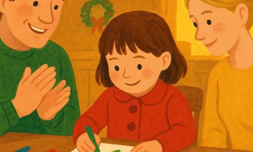 Lila, une fillette de 5 ans, dessine joyeusement une carte de Noël à une table de cuisine. Elle porte un manteau rouge et est entourée de ses parents. Papa, souriant, applaudit doucement tandis que Maman regarde avec tendresse. La cuisine, décorée de guirlandes lumineuses, baigne dans une lumière dorée, créant une ambiance chaleureuse et festive.