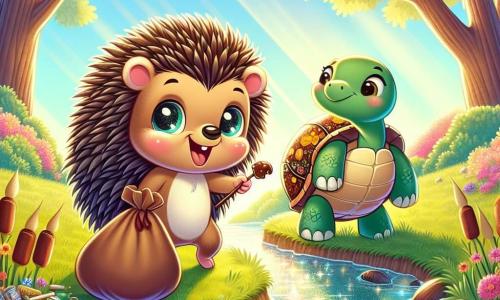 Léo, un hérisson aux piquants doux, sourit en ramassant des déchets colorés avec ses petites pattes, tandis que Tula, une tortue sage, l'observe avec fierté près d'un ruisseau scintillant. Ils se trouvent dans une clairière ensoleillée, entourée de fleurs et d'arbres, où le ruisseau ajoute une touche de magie. Ils nettoient la réserve naturelle, soulignant l'importance de la protection de l'environnement, avec des déchets éparpillés autour d'eux et des papillons et oiseaux volant joyeusement.
