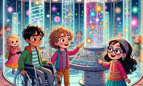 Dans un laboratoire futuriste en verre, Mia, 10 ans, aux cheveux bouclés bruns, observe un grand appareil brillant. À ses côtés, Lucas, 9 ans, en lunettes et cheveux blonds en bataille, appuie sur un bouton avec un sourire. Tom, 11 ans en fauteuil roulant, avec des cheveux châtains et des lunettes, regarde émerveillé, tandis que Lila, 10 ans, aux cheveux longs noirs, danse joyeusement autour d'eux. Le laboratoire regorge de machines scintillantes, de lumières multicolores et d'écrans montrant des étoiles et des galaxies. Les quatre amis découvrent un transmetteur d’étoiles émettant des lumières étincelantes et une mélodie douce, créant une ambiance magique propice au chant et à la danse.