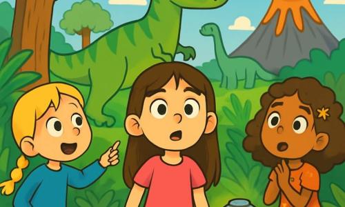 Trois personnages se trouvent dans une forêt préhistorique : Inès, une fille de 10 ans aux longs cheveux bruns, curieuse au centre de l'image ; Zoé, également âgée de 10 ans, avec des cheveux blonds tressés, à gauche, pointant un dinosaure au loin ; et Maïa, avec des cheveux bouclés châtains, à droite, émerveillée par un volcan fumant. L'environnement est luxuriant, avec des fougères et des arbres géants, des dinosaures se déplaçant au fond, et un volcan majestueux sous un ciel bleu. Les trois amies, fascinées et un peu effrayées, découvrent ce monde ancien, tandis qu'une lumière mystérieuse émane d'une machine temporelle sur le sol, prête à les ramener chez elles.