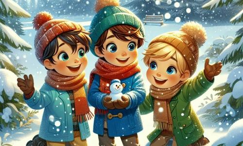 Dans une clairière enneigée, trois amis de neuf ans, Tom, Léo et Lucas, s'amusent à attraper des flocons de neige. Tom, avec un manteau bleu et une écharpe rouge, lève les bras en riant. Léo, en manteau vert et bonnet à pompon, regarde émerveillé les flocons. Lucas, le plus sage, examine des empreintes dans la neige avec curiosité, vêtu d'un manteau jaune et de lunettes rondes. La clairière est entourée de sapins chargés de neige, créant une atmosphère féérique. Les amis sont en chasse aux flocons magiques, tandis qu'un bonhomme de neige les observe, prêt à les aider.