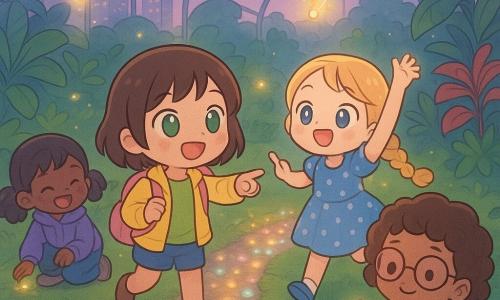 Quatre amies explorent le Jardin des Lumières dans une grande serre urbaine vitrée : Léa, fille aux cheveux bruns courts et yeux verts, sourit et indique un chemin de cailloux lumineux ; Zoé, aux longs cheveux blonds tressés en robe bleue à pois, saute en levant la main ; Emma, aux cheveux bouclés châtains et lunettes, tient un coquillage près d’un bassin holographique ; Julie, cheveux noirs en couettes et sweat violet, dépose un caillou coloré en riant. Le lieu présente des murs transparents courbés, des plantes exotiques aux feuilles luisantes, des lucioles holographiques jaune-ambre, un bassin miroir avec poissons holographiques, et un sol recouvert d’un tapis vert moelleux et d’un chemin de petits cailloux scintillants ; l’ambiance est crépuscule doux avec ciel violet pâle filtré par la verrière, style chibi kawaii coloré, traits ronds et éclairage doux.