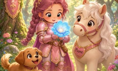 Une chevaleresse souriante et fière en armure rose pâle aux reflets dorés, cheveux mauves en tresse, serre contre sa poitrine une grande fleur bleue lumineuse qu’elle vient de trouver, tandis que son petit cheval potelé nommé Plume, à la crinière blanche et aux yeux doux, la regarde avec affection et qu’un petit chien caramel joyeux remue la queue à ses pieds, le tout dans une clairière forestière d’herbe tendre et mousse, baignée de rayons dorés entre troncs noueux et feuilles rondes, avec quelques fleurs colorées, ambiance chaleureuse, sécurisante, couleurs pastel vives, contours doux et formes arrondies.