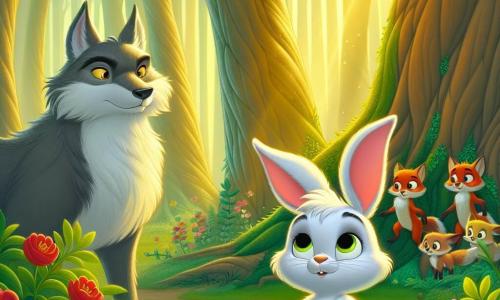 Un petit lapin nommé Oscar, avec de grandes oreilles et un pelage blanc, se tient courageusement devant un grand méchant loup. Oscar, déterminé et prêt à défendre son ami, affiche une expression brave. Le loup, au pelage gris et aux yeux jaunes, semble surpris et curieux, avec une lueur d'hésitation dans son regard. La scène se déroule dans une forêt enchantée, avec des arbres majestueux et des fleurs colorées, créant une atmosphère magique. Oscar défie le loup avec un sourire amical, montrant que l'amitié peut surmonter la peur, tandis que des renards en arrière-plan encouragent leur nouvel ami.