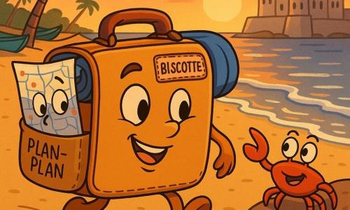 Biscotte, petite valise à roulettes miel en cuir lisse avec une étiquette « Cape Coast », a une allure joyeuse et déterminée; elle roule vers la plage avec une couverture bleue enroulée autour d’elle. Plan-Plan, carte pliée aux lignes bleues et points rouges, curieuse et rassurante, dépasse de la poche extérieure comme un drapeau. Un crabe rouge orangé souriant, perché sur une pierre, indique la mer d’une pince en regardant Biscotte. La plage au crépuscule présente du sable doré, des vagues argentées, des palmiers inclinés, des barques bleues et vertes tirées sur le rivage, des coquillages alignés et, au loin, le château de Cape Coast en pierre claire face à la mer. L’ambiance est chaleureuse et douce, aux couleurs saturées et formes rondes, style dessin animé des années 90.