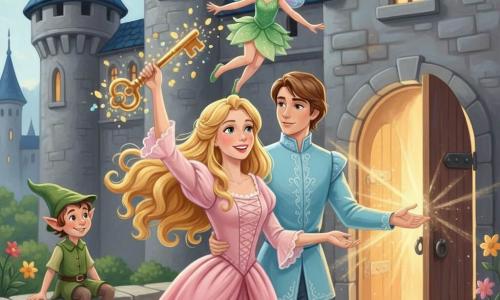 La princesse Aurore, joyeuse, cheveux blonds en boucles et robe rose pâle, tient une clé dorée au-dessus de sa tête; à côté, le prince d’environ 16 ans en costume bleu ciel la regarde tendrement et la soutient; au-dessus vole la petite fée Lumièra en robe verte qui disperse des étincelles dorées autour de la clé; le farfadet Puck, espiègle, est assis sur un rebord de pierre; derrière eux, le château aux tours de pierre laisse échapper une lumière chaude par sa porte entrouverte; la clé vient d’être insérée, des rayons illuminent la cour et font s’ouvrir les fleurs dans une ambiance douce, colorée et lumineuse.