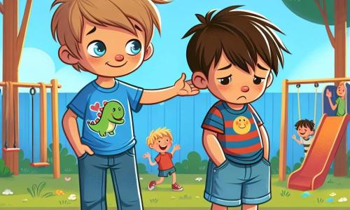 Lucas, un garçon de 6 ans aux cheveux bruns en bataille et aux yeux pétillants, se tient debout avec détermination. Il porte un tee-shirt bleu avec un dinosaure souriant et un pantalon en jean. À ses côtés, Mathis, également âgé de 6 ans, a des cheveux blonds et des yeux tristes, vêtu de baskets rouges usées. Mathis regarde le sol, les mains dans les poches de son short, tandis que Lucas pose une main réconfortante sur son épaule. La scène se déroule dans une cour d'école ensoleillée, entourée d'arbres et d'un mur coloré avec des dessins d'enfants. Au fond, on voit des balançoires et un toboggan. Lucas s'approche de Mathis pour lui offrir son soutien, prêt à le défendre contre les moqueries des autres enfants qui se moquent à distance. L'atmosphère est tendue mais pleine d'espoir, Lucas souhaitant aider son ami à surmonter sa tristesse.