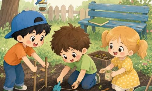 Un groupe d'enfants de six ans plante ensemble dans le petit jardin de l'école : un garçon aux cheveux châtain en bataille, t-shirt vert clair, agenouillé, souriant et plantant une graine avec une mini pelle ; à sa droite Zoé, cheveux blonds en couettes, robe jaune à pois, tenant un paquet de graines ; à gauche Sam, casquette bleue et t-shirt orange, place deux bâtons pour délimiter un carré ; sol sombre, touffes d'herbe, quelques fleurs en boutons, feuilles tombées, un vieux banc bleu avec un livre intitulé Petits gestes pour la planète, un bac à compost, quelques oiseaux stylisés en arrière-plan et une mangeoire faite d'une bouteille recyclée accrochée à une branche ; lumière douce du matin, ambiance chaleureuse, sourires et petites mains terreuses.