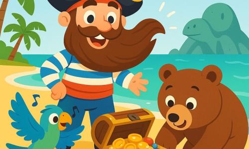 Un homme pirate, le Capitaine Barbe Rêveuse, se tient sur une plage dorée, avec une grande barbe brune flottant dans le vent. Il sourit, portant un chapeau de pirate orné d'une plume colorée et une chemise rayée. À ses côtés, un petit perroquet nommé Coco, aux plumes vibrantes de bleu et de vert, bat des ailes joyeusement. Un gros ourson marin, Oursin, avec un pelage brun, creuse dans le sable à la recherche d'un trésor. La scène se déroule sur une plage ensoleillée, entourée de palmiers et d'une mer turquoise. Ils découvrent un coffre ancien rempli de pièces d'or et de bijoux colorés, exprimant leur joie face à cette découverte.