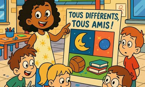 Dans la cour d'école ensoleillée, une affiche intitulée « Tous différents, tous amis ! » est entourée par des enfants : Aïcha, 6 ans, peau caramel, cheveux bouclés, présente fièrement sa lune dessinée; à sa droite Léo, 6 ans, cheveux châtains et lunettes, tient un dessin de ballon de foot et l'admire; à gauche Zoé, 6 ans, queue-de-cheval blonde, colle un dessin de livres en souriant; derrière Aïcha Tom, 6 ans, cheveux bruns, tient ciseaux et colle, enthousiaste; un peu à l'écart Maxime, 7 ans, cheveux roux, observe curieux; autour, tables, pots de crayons, feuilles et murs couverts de dessins forment une atmosphère chaleureuse et lumineuse.