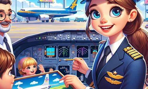 Capitaine Clara, pilote d'avion souriante et dynamique, porte un uniforme bleu marine et une casquette avec un insigne doré. Ses cheveux bruns sont en queue de cheval et elle montre aux enfants le cockpit d'un avion. À ses côtés, M. Bernard, un homme d'une cinquantaine d'années avec des lunettes rondes et une barbe grise, observe avec fierté les enfants tout en expliquant le fonctionnement des avions. Les enfants, un groupe de cinq, sont émerveillés : Emma, une petite fille blonde, lève la main avec un grand sourire, tandis que Louis, un garçon brun d'environ 8 ans, regarde avec des yeux écarquillés, tenant un modèle réduit d'avion. La scène se déroule à l'aéroport, avec des avions colorés sur le tarmac et un ciel bleu parsemé de nuages. Capitaine Clara présente le cockpit aux enfants, leur expliquant comment piloter un avion, tandis qu'ils écoutent attentivement et posent des questions.