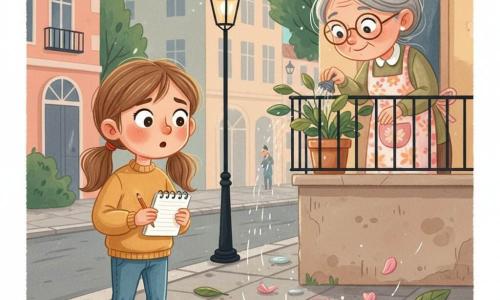 Lina, 8 ans, curieuse et déterminée, tient un petit carnet à spirale blanc et un crayon, cheveux châtain clair en deux couettes, grands yeux attentifs, pull jaune moutarde et jean, debout sur le trottoir près d’une flaque brillante qu’elle observe et note; Mamie, ~65 ans, cheveux gris en chignon tressé, souriante et bienveillante, lunettes rondes et tablier à fleurs, arrose une plante sur le balcon au-dessus; trottoir parsemé de petites touches de peinture, pétales roses, feuilles froissées et reflets argentés, la flaque reflète le ciel orangé du soir; arrière-plan : rue urbaine calme au crépuscule, façades pastel, lampadaires éteints, silhouettes d’arbres, atmosphère tiède; style gouache à textures visibles, traits doux, couleurs chaudes (orange, rose, jaune, vert) et détails enfantins simples.