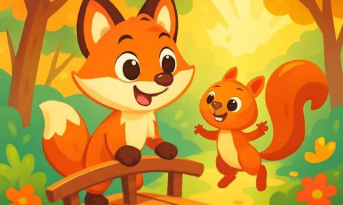 Un renard aux yeux pétillants et à la fourrure rousse, nommé Rémy, se tient sur un vieux pont de bois avec un sourire espiègle. Il admire la vallée des merveilles devant lui. À ses côtés, un écureuil nommé Spark saute joyeusement, curieux. La scène se déroule dans une forêt enchantée avec des arbres aux feuilles dorées et des fleurs colorées. Des rayons de soleil filtrent à travers les branches, créant une atmosphère magique. Rémy et Spark sont prêts à traverser le pont magique pour explorer la vallée pleine de couleurs et de surprises.