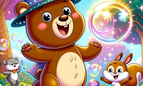 Un ours joyeux nommé Albert, avec un pelage brun et des yeux pétillants, porte un chapeau magique en paillettes qui brille au soleil. Il rit, entouré de bulles de savon géantes. À ses côtés, un petit lapin nommé René saute de joie, son visage rayonnant d'excitation. Un écureuil curieux, perché sur une branche, observe la scène avec un grand sourire. La scène se déroule dans la forêt des Rires, où les arbres sont roses et les fleurs bleu ciel. Albert fait éclater de grandes bulles de savon, tandis que ses amis animaux s'amusent autour de lui, créant une atmosphère de joie et de magie.