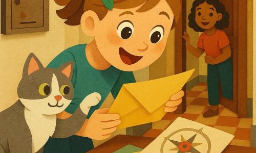 Lina, 10 ans, souriante et curieuse, tient une enveloppe jaune ouverte tandis que le chat gris et blanc Mousse lève la patte; la voisine Inès, aussi âgée d'environ 10 ans, rit dans l'encadrement de la porte; on voit le hall d'un immeuble ancien (murs crème, boîtes aux lettres métalliques, carrelage en damier) et le moment où Lina découvre une carte avec le dessin d'une boussole et un petit bouton rond rouge posé sur sa paume, des papiers et crayons épars suggérant une aventure, le tout aux couleurs vives et aux ombres douces style papier découpé.